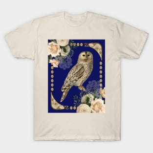 Barn Owl with Ivory Roses in Art Nouveau Influence Navy Blue T-Shirt